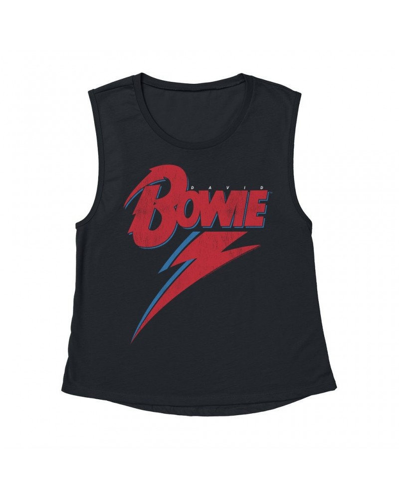 David Bowie Ladies' Muscle Tank Top | Contemporary Lightning Bolt Logo Distressed Shirt $15.16 Shirts