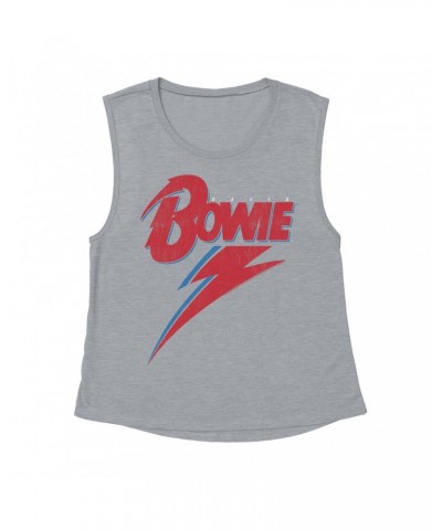 David Bowie Ladies' Muscle Tank Top | Contemporary Lightning Bolt Logo Distressed Shirt $15.16 Shirts