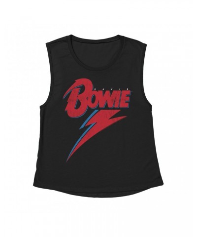 David Bowie Ladies' Muscle Tank Top | Contemporary Lightning Bolt Logo Distressed Shirt $15.16 Shirts