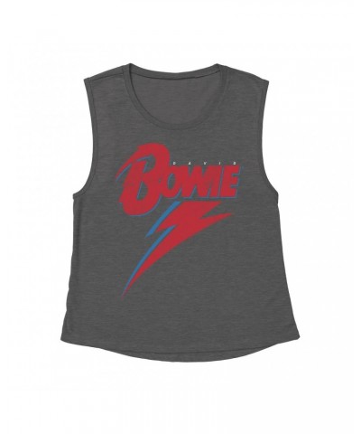 David Bowie Ladies' Muscle Tank Top | Contemporary Lightning Bolt Logo Distressed Shirt $15.16 Shirts