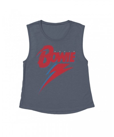 David Bowie Ladies' Muscle Tank Top | Contemporary Lightning Bolt Logo Distressed Shirt $15.16 Shirts