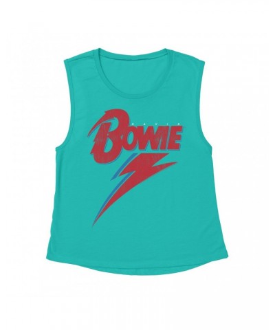 David Bowie Ladies' Muscle Tank Top | Contemporary Lightning Bolt Logo Distressed Shirt $15.16 Shirts