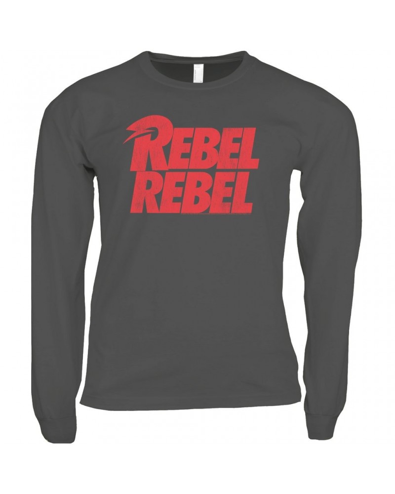 David Bowie Long Sleeve Shirt | Rebel Rebel Logo Distressed Shirt $12.28 Shirts