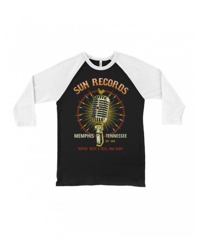 Sun Records 3/4 Sleeve Baseball Tee | Where Rock n Roll Was Born Microphone Image Shirt $14.08 Shirts