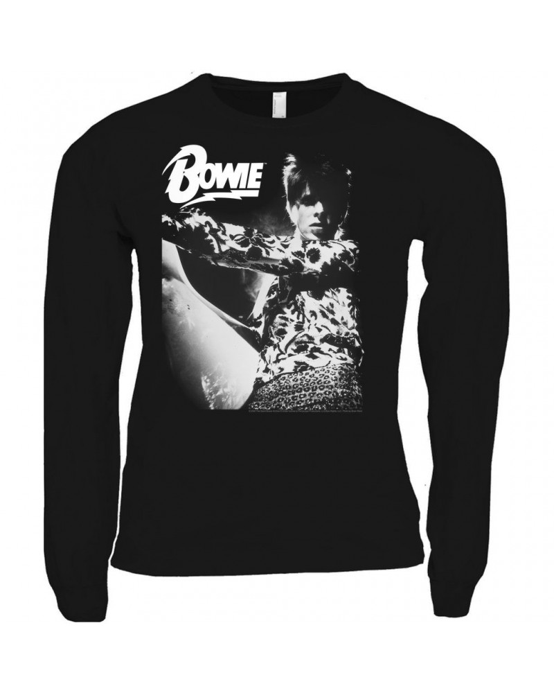 David Bowie Long Sleeve Shirt | Bowie Logo And Photo In White Shirt $9.58 Shirts